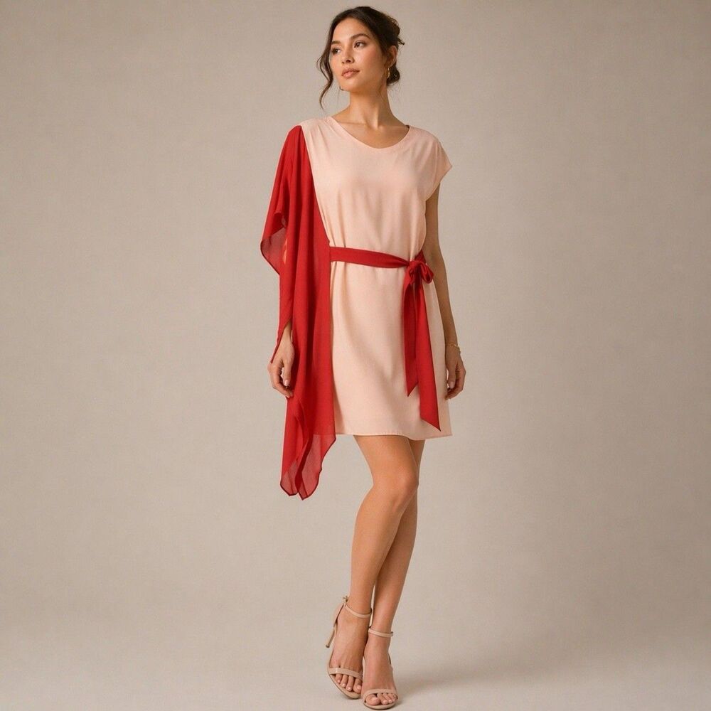 W118 Walter Baker Colorblock Belted V Neck Dress Womens M Blush Red